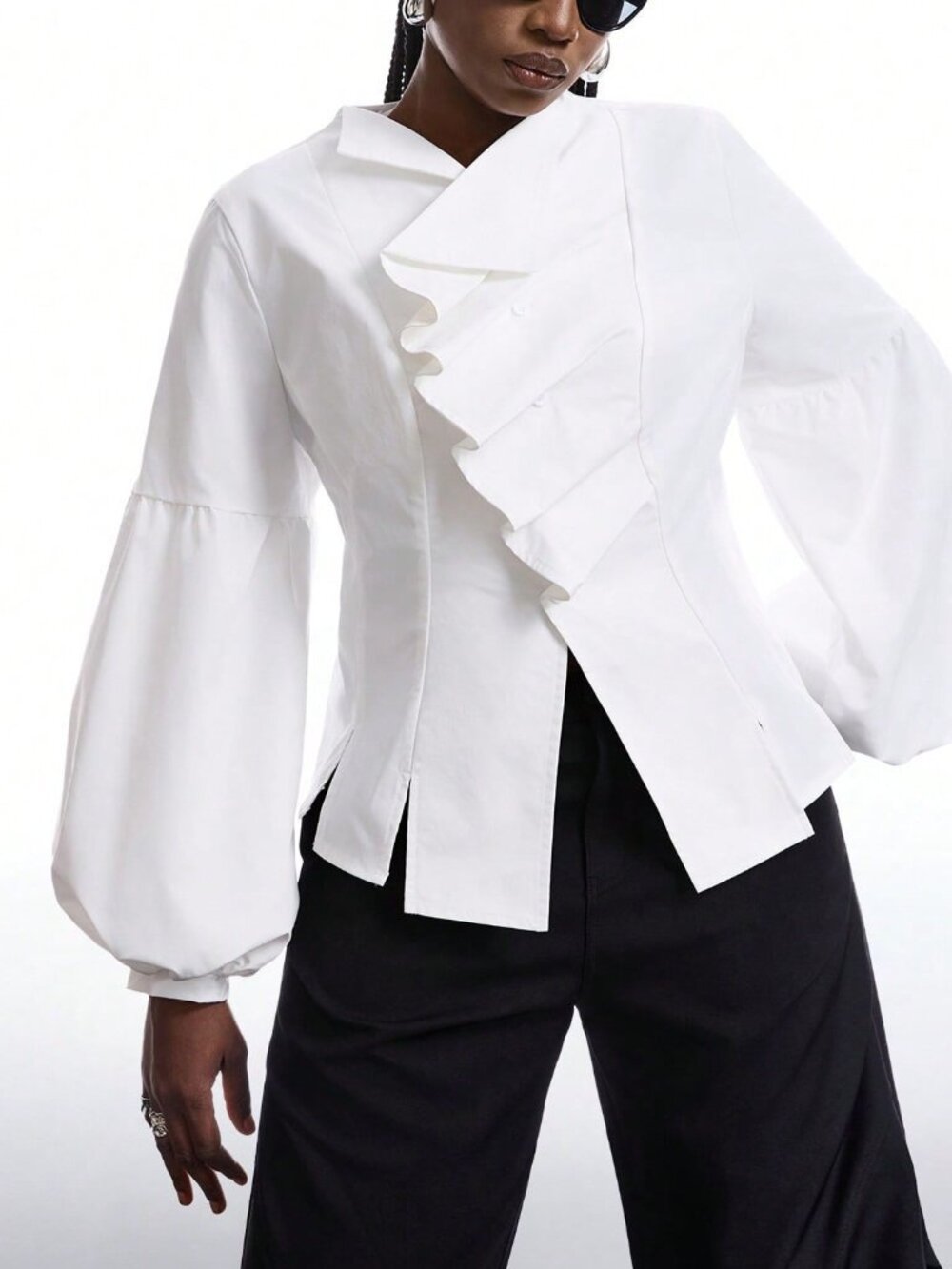 White Casual Women's Silky Cowl Neck Peplum Top - Picture 4 of 7